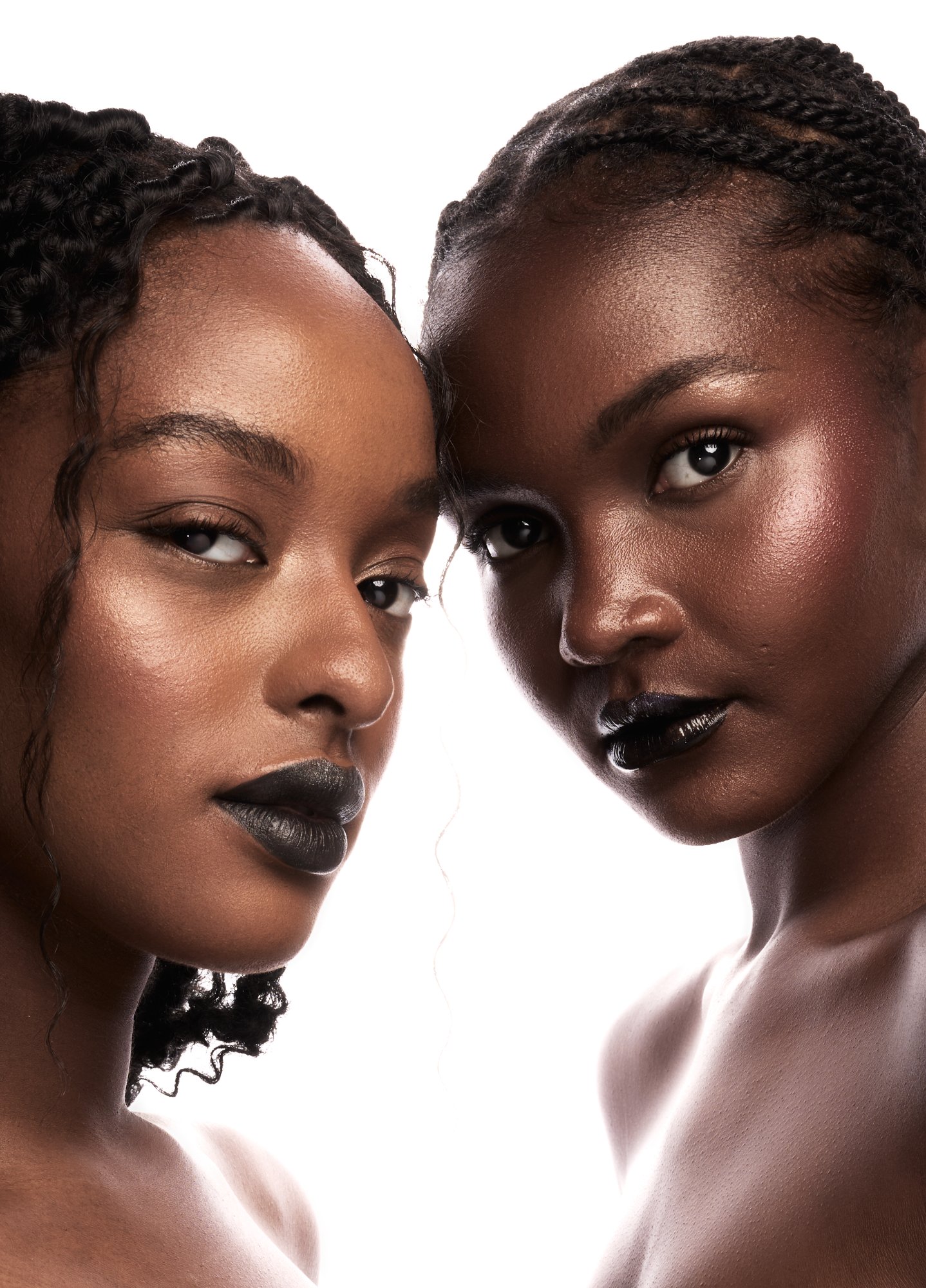 Dual beauty portrait with dark lipstick — editorial studio photographer Montreal